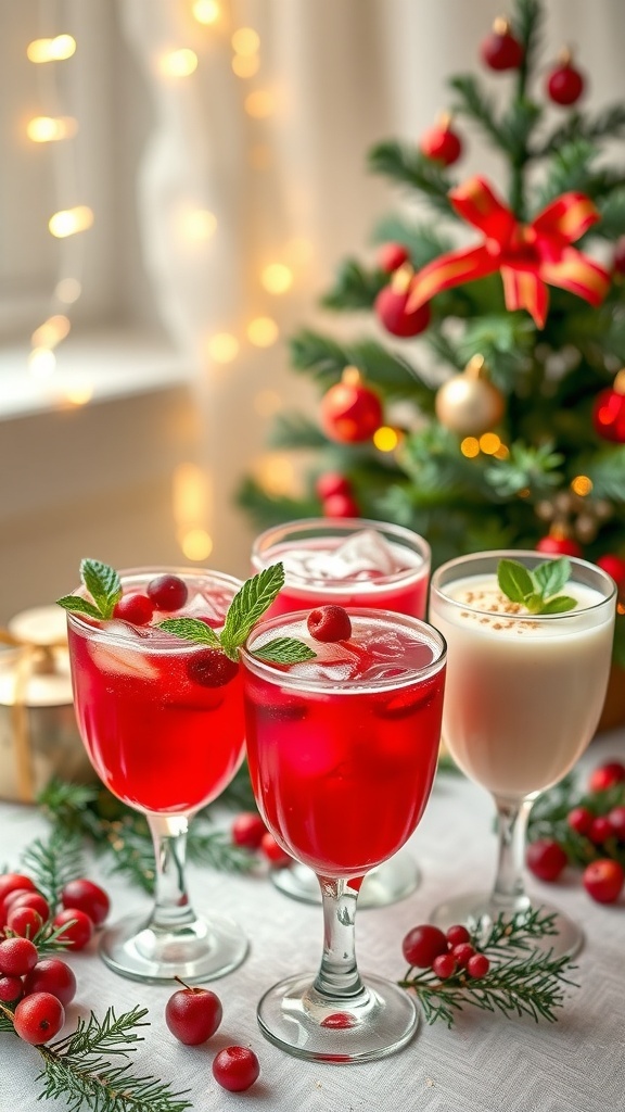 A table with Christmas cocktails including cranberry drinks and eggnog, decorated for the holidays.